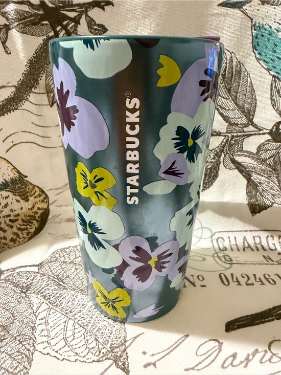 Starbucks Other - Starbucks Teal Floral Travel Mug with Purple & Yellow Flowers